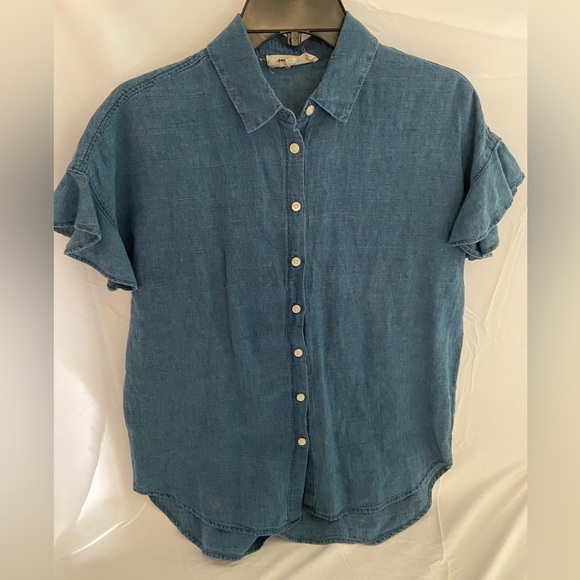 Madewell Women’s Linen Blend Chambray Blouse Ruffled Cap Sleeve Size Small - Picture 1 of 8